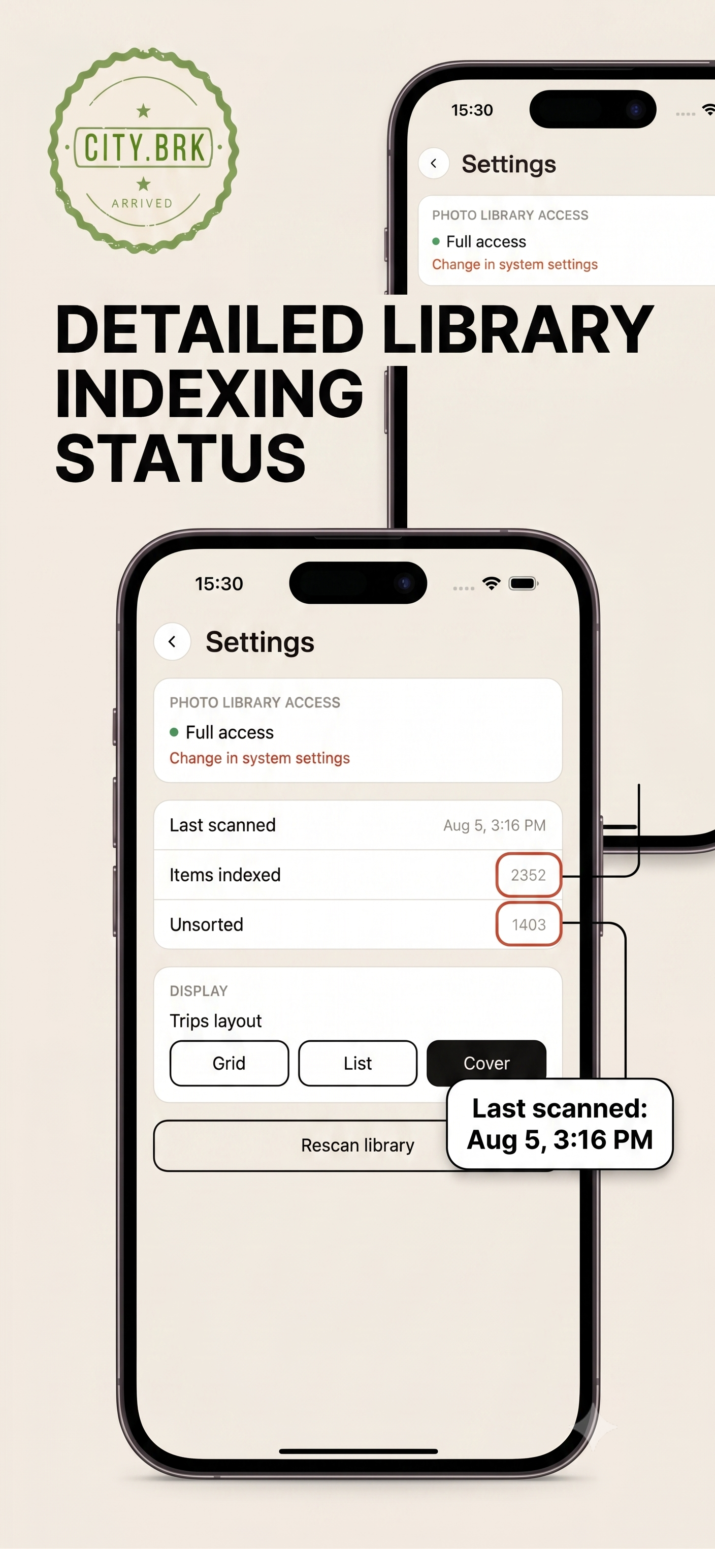 Citybrk Settings panel — detailed library indexing status with last-scanned timestamp, items indexed, and an unsorted tray count, all processed locally